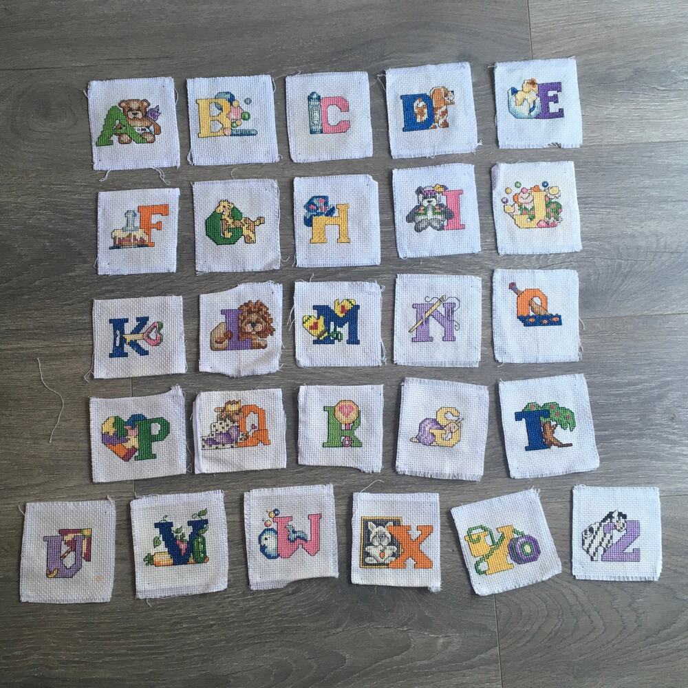 Animal Alphabet Embroidery Squares Hand Stitched Complete A-Z Set (26) Nursery